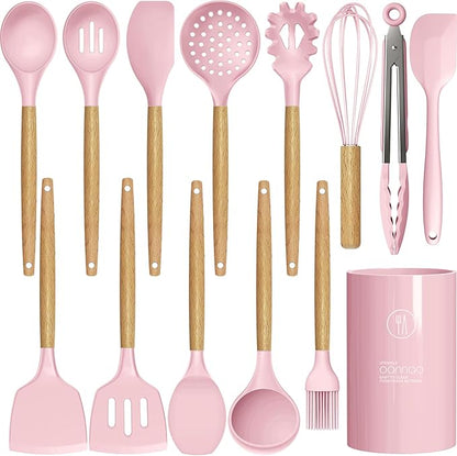 oannao Silicone Kitchen Utensils Set - 446°F Heat Resistant Cooking Utensil Sets, Spatula,Turner,Tongs,Spoon,Whisk, Wooden Handle Silicone Kitchen Gadgets Tools for Non-Stick Cookware BPA Free (Pink)