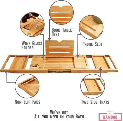 XcE Foldable Bamboo Bathtub Caddy Tray - Expandable to 41 Inches with Non-Slip Pads & Book Stand for Couples Luxury Bath