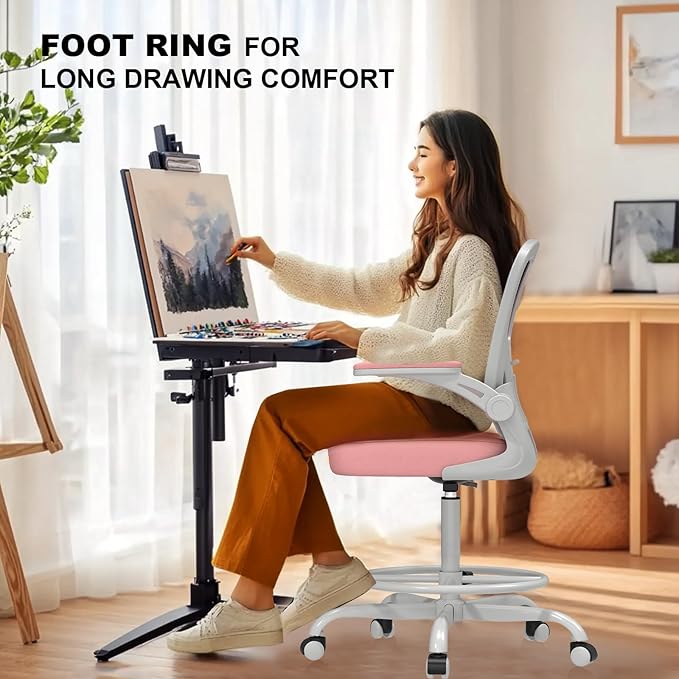Ergonomic Drafting Chair, Tall Office Chair with Flip-up Armrests, Breathable Mesh High Desk Chair with Lumbar Support Adjustable Footrest Ring for Standing Desk Pink