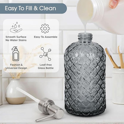 Gem-Patterned Glass Soap Dispenser with Rust Proof Stainless Steel Pump-13 oz Liquid Hand Soap Dispenser for Kitchen & Bathroom,Great for Lotions, Essential Oil, Liquid Soaps-Gray