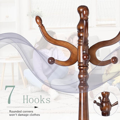 Coat Rack Freestanding,Solid Wooden Coat Rack Stand with 3 Height Options,14 Hooks, Natural Birch Coat Tree Easy to assemble for Clothes Jacket Hat bag Entryway (mahogany) (retro round)