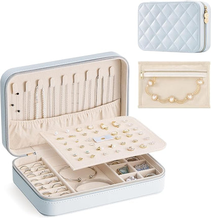 Lolalet Travel Jewelry Case for Women Girls, Travel Jewelry Organizer with Clear Storage Bag Small Portable Jewelry Box for Necklace Bracelet Earring Ring Valentines Bridesmaid Gifts -Large/Blue
