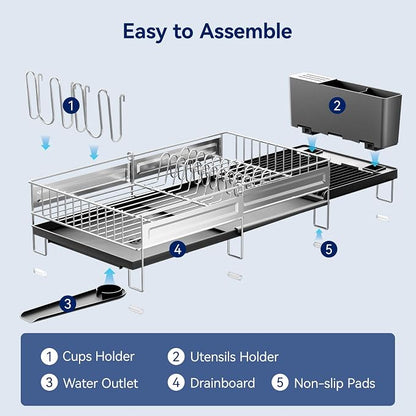 Stainless Steel Dish Drying Rack - Expandable Dish Racks for Kitchen Counter Organizer with Drain Board, Detachable Utensil & Cup Holder, Dish Drainer for Small Kitchen Counter, Black