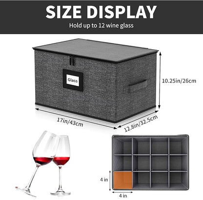 Aokeyee 2-Pack Wine Glass Storage Box with Dividers, Hard Shell Stemware Case Holds 24 Crystal Glasses & Drinkware, for Moving & Protection, Grey