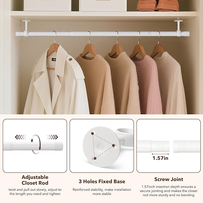 Closet Rod, Closet Rods for Hanging Clothes, 17 to 37 inch Adjustable Ceiling/Wall mounted Closet Hanging Rod, Heavy Duty Clothes Rod Clothing Bar, Closet Poles for Hanging Clothes for Wardrobe