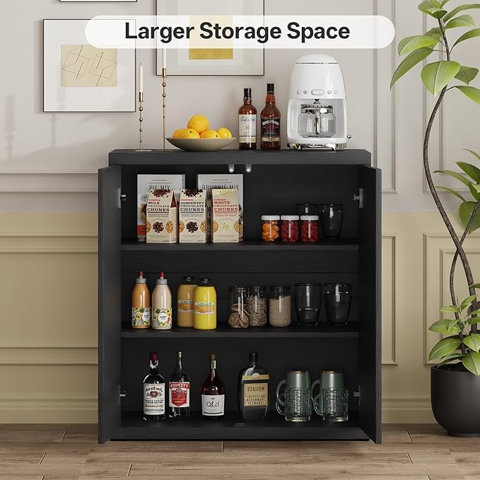 31” Sideboard Cabinet with Storage, Fluted Accent Cabinet with Adjustable Shelves, Modern Wood Credenza Cabinets with Pop-up Doors for Entryway Kitchen Living Room Hallway, Black 4pcs