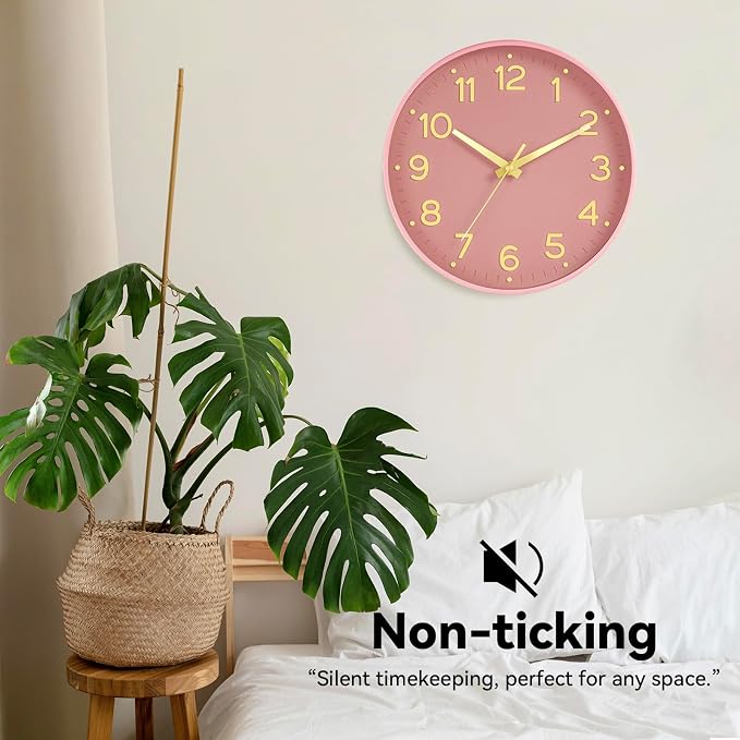 Roymnie Silent Wall Clocks Battery Operated 10 Inch-Modern Non Ticking Analog Clock Decorative for Kitchen Office Bathroom Bedroom(Pink Gold)