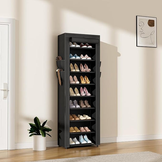 LANTEFUL Narrow Shoe Rack with Cover 10 Tier Tall Shoe Rack Organizer Large Capacity Shoe Shelf Storage 18-22 Pairs Space Saving Free Standing Shoe Storage Organizer for Closet, Entryway, Dorm, Black