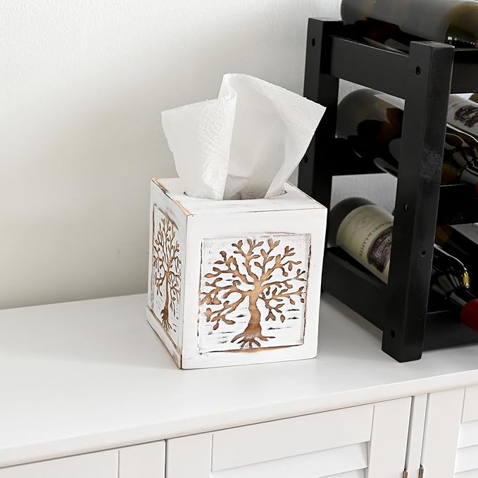 SwallowLiving Wooden Tissue Box Cover Square - Weighted Farmhouse Facial Tissue Holder with Sliding Bottom - Distressed White Tree of Life Dispenser for Bathroom Vanity, Bedroom & Living Room Decor