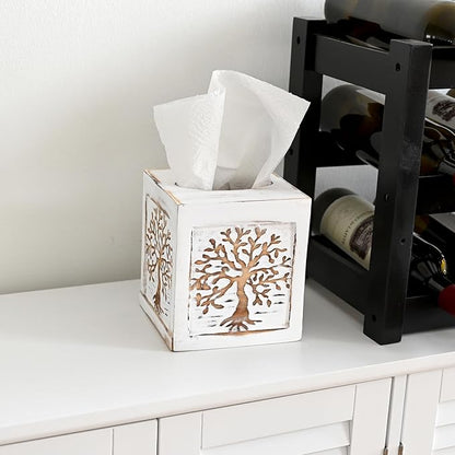 SwallowLiving Wooden Tissue Box Cover Square - Weighted Farmhouse Facial Tissue Holder with Sliding Bottom - Distressed White Tree of Life Dispenser for Bathroom Vanity, Bedroom & Living Room Decor