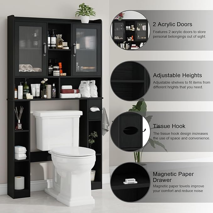 Vabches Over The Toilet Storage Cabinet, Farmhouse Storage Cabinet Over Toilet with Acrylic Doors, Adjustable Shelf, Home Space-Saving Toilet Rack, for Bathroom, Restroom, Laundry