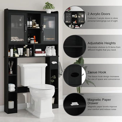 Vabches Over The Toilet Storage Cabinet, Farmhouse Storage Cabinet Over Toilet with Acrylic Doors, Adjustable Shelf, Home Space-Saving Toilet Rack, for Bathroom, Restroom, Laundry