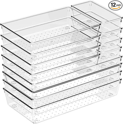 12 Pack Large Drawer Organizer Bins - Clear Plastic Bathroom Drawer Organizer Trays - Heavy Duty Kitchen Drawer Dividers for Utensils - Non-Slip Storage Bins for Makeup, Bedroom, Office Desk