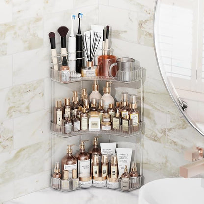 Asayuee 3-Tier Corner Bathroom Counter Organizer with Top Toothbrush Holders,Large Makeup Organizer Countertop with Brush Holder,Skincare Organizers Corner,Exquisite Vanity Organizer (Clear, 3 Tier)