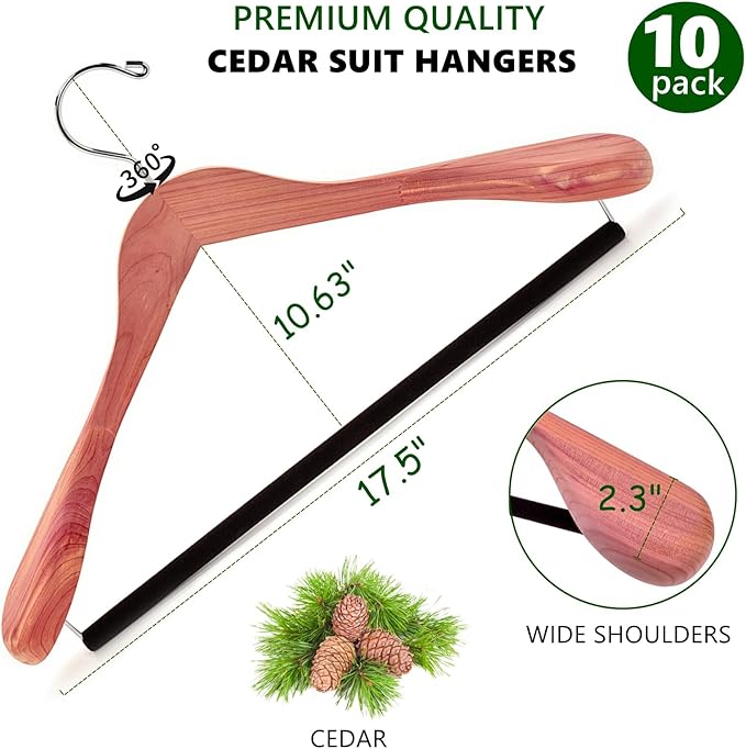 Amber Home 10 Pack American Red Cedar Wood Coat, Suit Hangers with Extra Wide Shoulder, Wooden Jacket Clothes Hanger Smooth Deluxe Aromatic Natural Cedar with Non Slip Velvet Pant Bar