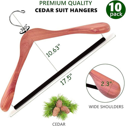 Amber Home 10 Pack American Red Cedar Wood Coat, Suit Hangers with Extra Wide Shoulder, Wooden Jacket Clothes Hanger Smooth Deluxe Aromatic Natural Cedar with Non Slip Velvet Pant Bar