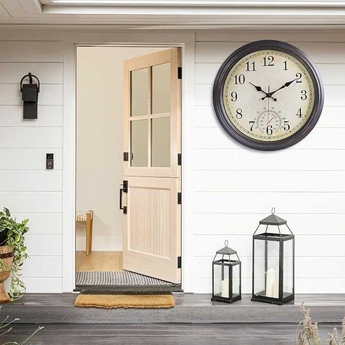 16 Inch Large Outdoor Clock, Waterproof Wall Clock with Thermometer, Battery Operated Silent Non-Ticking Vintage Wall Clock Quartz Round Clock Home Decor,Black Bronze