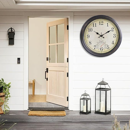 16 Inch Large Outdoor Clock, Waterproof Wall Clock with Thermometer, Battery Operated Silent Non-Ticking Vintage Wall Clock Quartz Round Clock Home Decor,Black Bronze