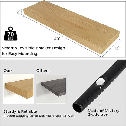 Floating Shelves for Wall, 40" W x 12" D x 2" H, 1 Pack of Long Wall Mounted Engineered Wood Shelves with Invisible Brackets for Living Room, Bedroom, Bathroom, Kitchen Decor, Oak