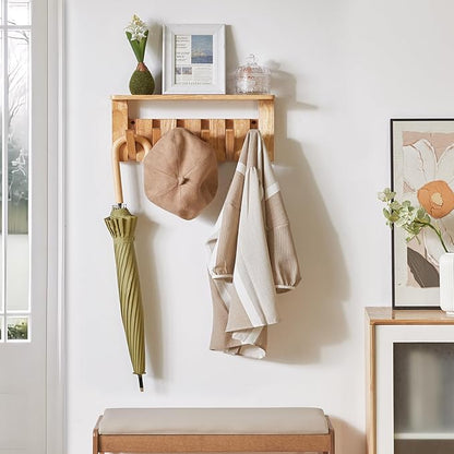 YMYNY Coat Rack Wall Mount with Shelf, 2 Pack Wall Shelf with Retractable Hooks, Wooden Wall Coat Rack for Entryway, Bedroom for Hanging Clothes/Coats/Keys/Hats/Towels/Bags, Natural, HWS008N-2