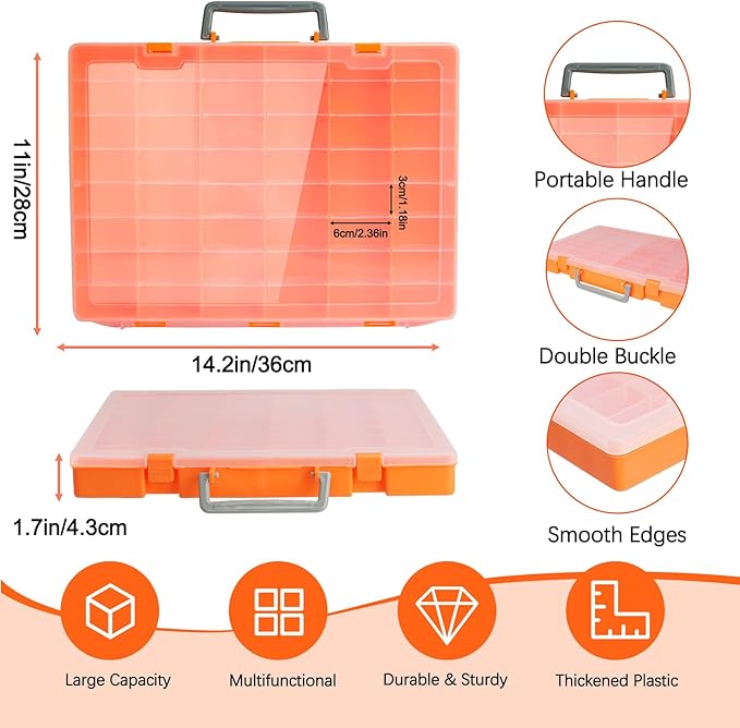 Bluedale 48 Grids Large Plastic Organizer Box with Adjustable Dividers, Beads Storage Containers Compartment Tackle Box Case for Crafts Hobby Small Parts Fishing Seeds Jewelry (Orange)