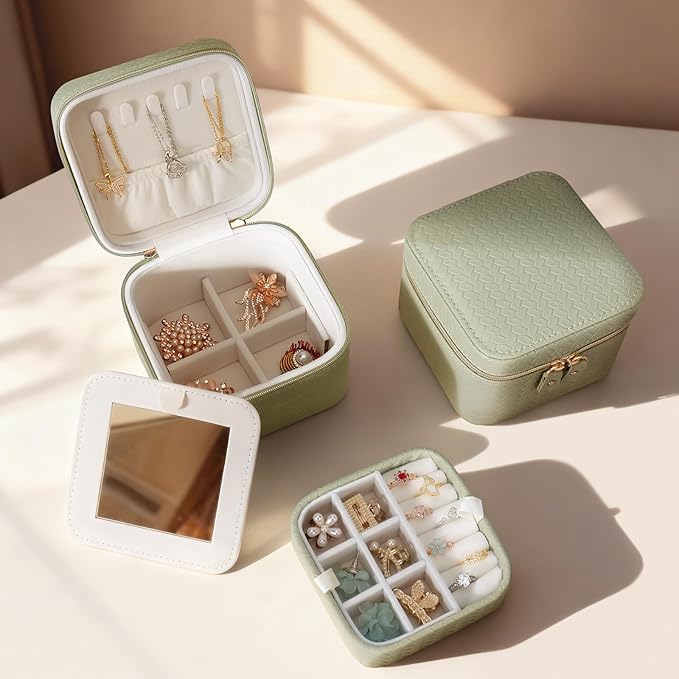DesignSter Travel Jewelry Case for Woman, Small Travel Jewelry Box with Mirror,4.72×4.72×3.54 inches,Portable Design Travel Jewelry Organizer,Double Headed Zipper