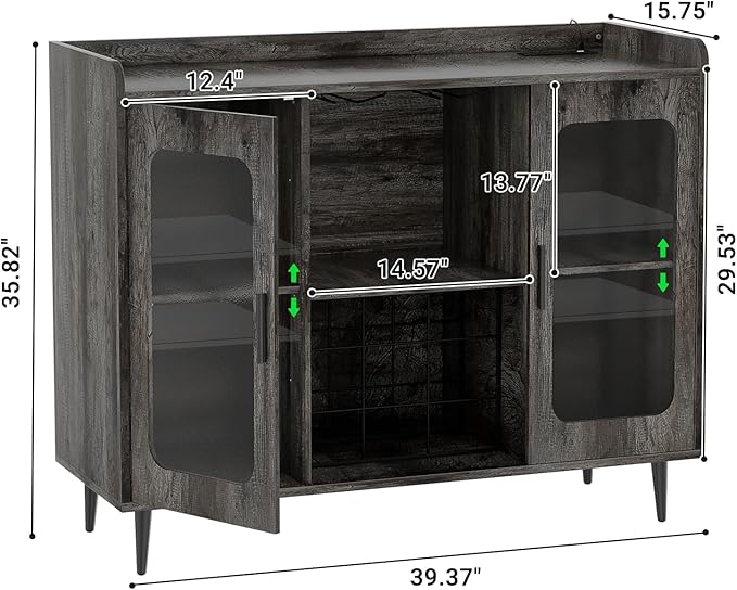 Liquor Cabinet Bar with Power Outlet & LED Light, Wine Bar Cabinet with Wine and Glasses Rack for Kitchen, Dining Room, Black Oak