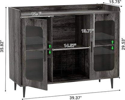 Liquor Cabinet Bar with Power Outlet & LED Light, Wine Bar Cabinet with Wine and Glasses Rack for Kitchen, Dining Room, Black Oak