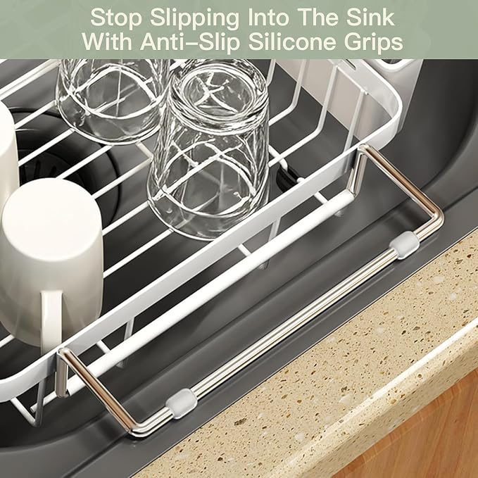MAJALiS White Dish Drying Rack Over The Sink with Utensil Holder, Mat | Expandable Stainless Steel Dish Drainer for Small Kitchen, Apartment, RV, Counter Space Saving, Perfect Fit, Rustproof