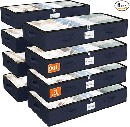 SpaceWhisper 90L Under Bed Storage Containers, 8-Pack Storage Bins with Clear Top, Foldable Closet Organizers and Storage with Label Holder for Clothing, Blankets, Comforter & Pillows(Blue)
