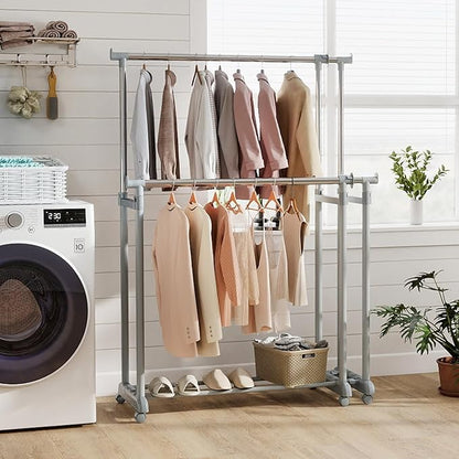 Giantex Extendable Double Rod Clothes Rack, Portable Garment Clothin Rack with Adjustable Height & Width, Heavy-Duty Metal Rolling Wardrobe Racks with Wheels for Bedroom, Laundry, Dressing Room