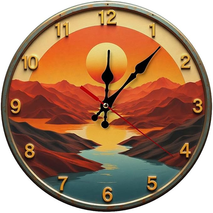 Wall Clock， Sunset Landscape Non Ticking Wall Clocks Battery Operated， Teal Wooden Wall Clocks for Kitchen， Living Room， Bedroom， Office， Bathroom Decorative 25 * 25cm