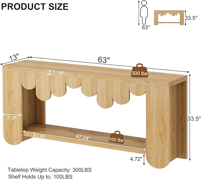 IBF 63” Long Console Table, Farmhouse Wood Entryway Table with Storage Shelf, 2-Tier Sofa Table Behind Couch for Home Living Room, Modern Rectangular Entry Table for Hallway Entrance Foyer, Oak