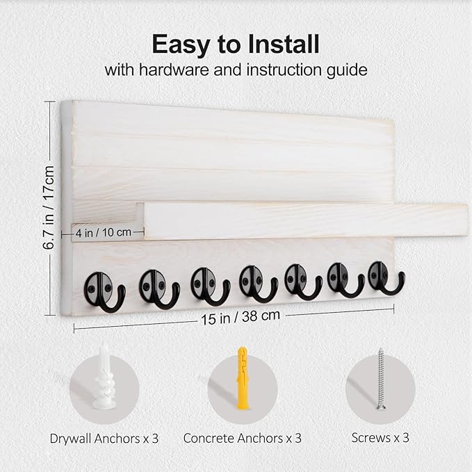Key Holder Wall Mount, Entryway Key and Mail Holder with 7 Sturdy Hooks for Sunglasses, Dog Leash, Decorative Wall Shelf with Mounting Hardware, 15”W x 6.7”H x 4.2”D