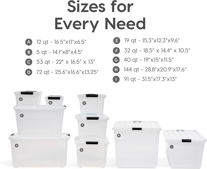 IRIS USA 54 Qt Stackable Plastic Storage Bins with Lids, 6 Pack - BPA-Free, Made in USA - See-Through Organizing Solution, Latches, Durable Nestable Containers, Secure Pull Handle - Clear