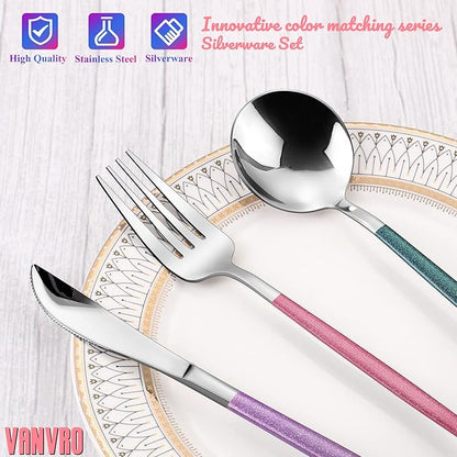VANVRO Mirror Silver multicolor Silverware Set, 20-Piece Stainless Steel Flatware Set, Satin Finish tableware Cutlery Set, Service for 4, Home and Restaurant, Dishwasher Safe