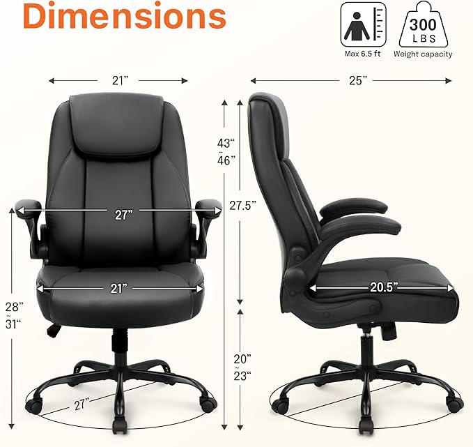 NEO Chair Ergonomic Office Chair Executive Computer Desk Chair Gaming High Back Support Comfy Seat Flip-up Arms Adjustable Height Swivel Rolling Wheels PU Leather for Home (Dark Black)