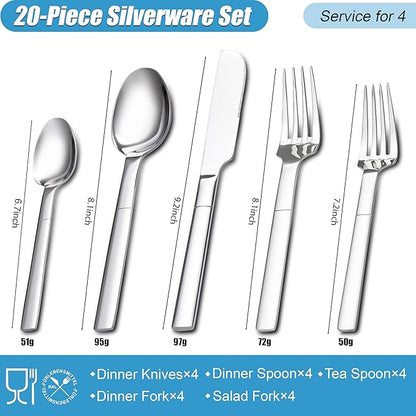 Heavy Duty Silverware Set for 4, 20 Piece Stainless Steel Flatware Utensils Cutlery Set Including Knife Fork and Spoon, Mirror Polished, Gift Package for Wedding Housewarming, Dishwasher Safe