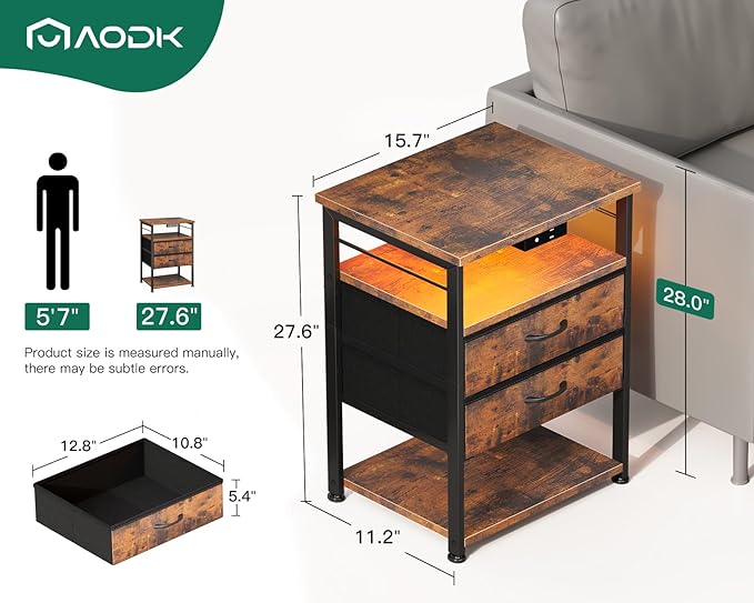AODK Night Stand with Charging Station, End Table for Bedroom Tall Nightstand with Drawers, Small Nightstand for Bedroom, 4 Tier Storage Bedside Table, Vintage