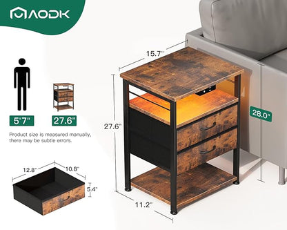 AODK Night Stand with Charging Station, End Table for Bedroom Tall Nightstand with Drawers, Small Nightstand for Bedroom, 4 Tier Storage Bedside Table, Vintage