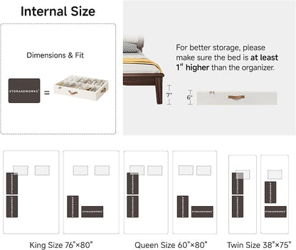 StorageWorks Underbed Shoe Storage Organizer for Closet, 2-Pack Under Bed Shoe Organizer with Bottom Support and Adjustable Dividers, Fits up to 24 Pairs, Beige