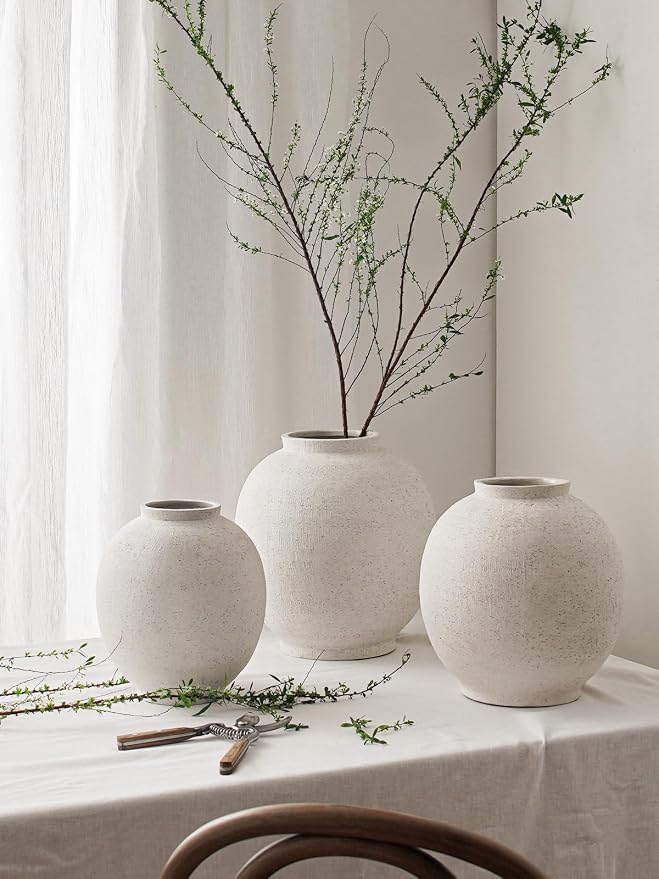 White Ceramic Vase - Large 12.5 Inch Round Floor Vase for Centerpieces, Farmhouse Flower Vases, Rustic Minimalist Home Decor (Sandstone White)