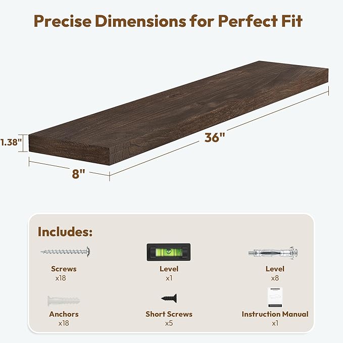 Vivelove Solid Wood Floating Shelves Set of 2, Elm Wood Wall Shelf with Invisible Bracket for Living Room Bedroom Bathroom Office, Rustic Farmhouse Decor Storage & Display, 36 inch - Dark Walnut