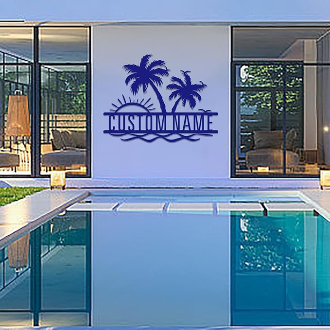 Personalized Backyard Pool Metal Sign Custom Sunshine Palm Tree Beach House Metal Wall Art Personalized Ocean Waves Pool Patio Decoration Birthday Family Pool Home décor Tree House Sign
