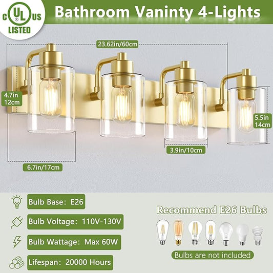 Gold Bathroom Light Fixtures,Gold Vanity Light Wall Sconces,4-Light Bathroom Lights Over Mirror with Clear Glass Shade for Kitchen Living Room Bedroom