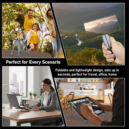 Foldable Desktop Portable Laptop Stand, Adjustable Laptop Riser with Magnetic Phone Holder, Aluminum Alloy Notebook Stand Compatible with 10-16” Laptops and 4-13”Phones/Tablets(Silver Gray)