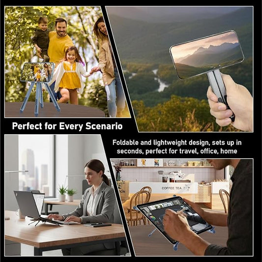 Foldable Desktop Portable Laptop Stand, Adjustable Laptop Riser with Magnetic Phone Holder, Aluminum Alloy Notebook Stand Compatible with 10-16” Laptops and 4-13”Phones/Tablets(Silver Gray)