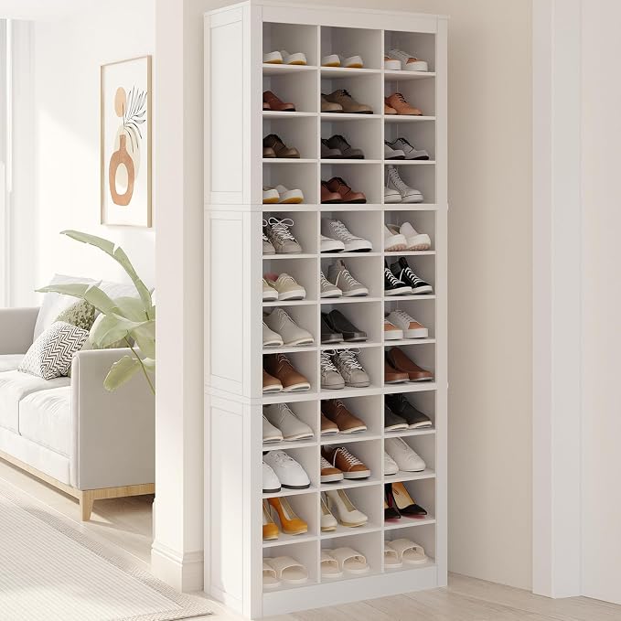 Hzuaneri Shoe Storage Cabinet, 36 Pairs Free Standing Closet Organizer, 9 inch Widened Cell Wood Shoe Organizer, 12 Tiers Vertical Space Saving Shoe Rack for Entryway, Cloakroom, White SR20703X
