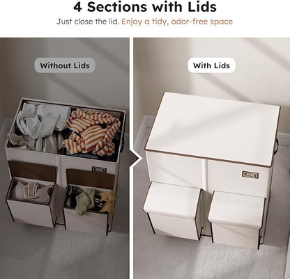 SOLEDI Double Laundry Hamper with Lid, 47.8 Gal (180L) Large Laundr Basket 2 Section with 2 Side Pockets, Dirty Clothes Hamper with Removable Bag, Easy to Carry for Laundry Room, Bedroom, Beige