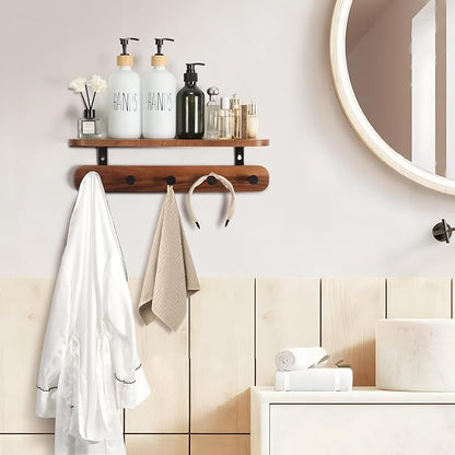 Coat Rack Wall Mount with Shelf, 17" Walnut Wood Wall Shelf with Hooks, Entryway Floating Shelves with 5 Metal Hangers for Coats, Backpacks, Living Room, Bedroom, Bathroom